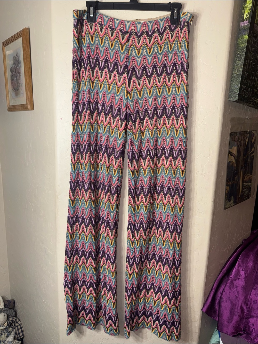 Trina Turk Size 8 Multicolor Chevron Knit Wide Leg Pants Side Zip Made USA
